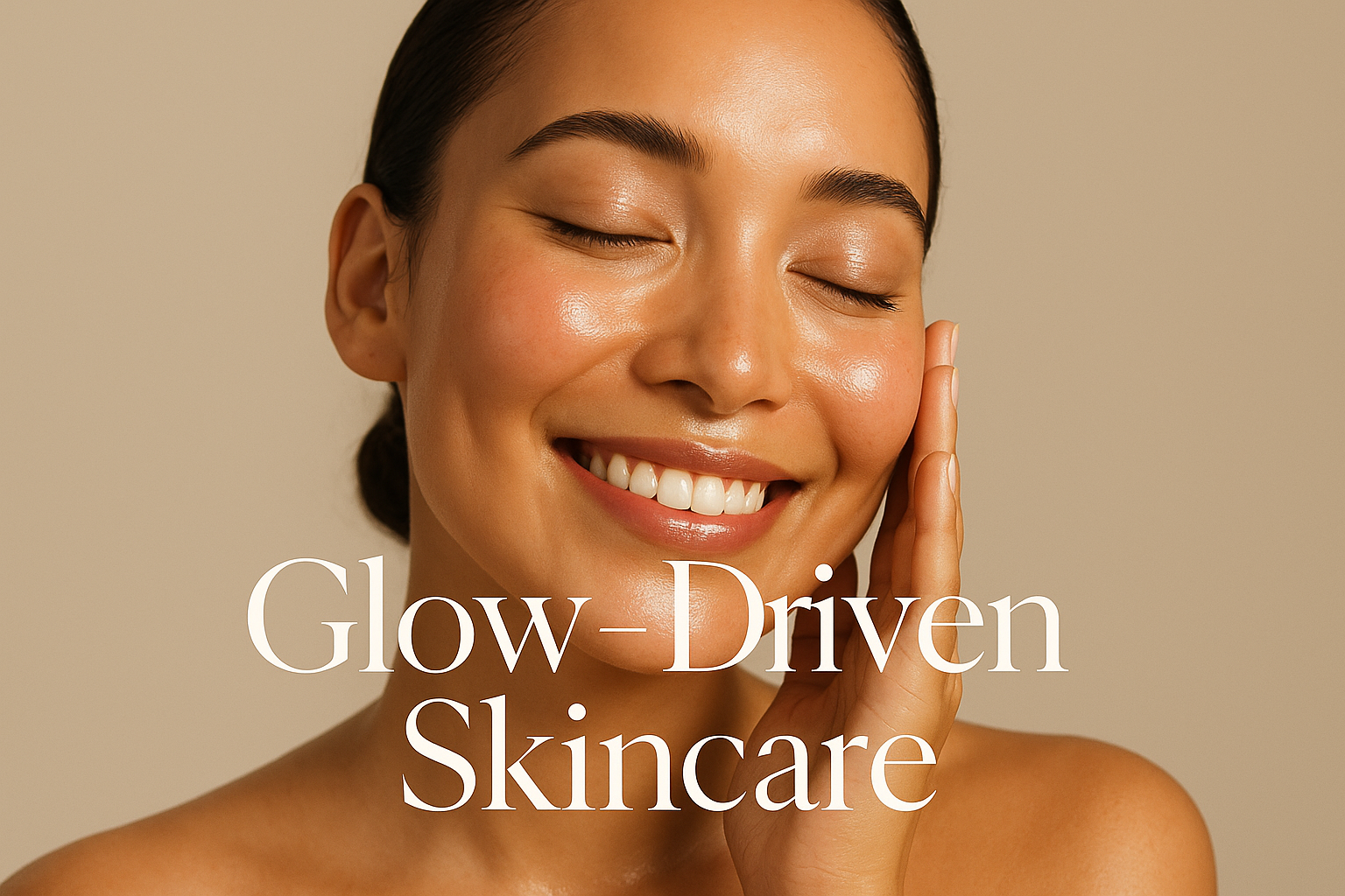 do a women smilong with eyes closed being happy, because she has good clear skin, with a text over saying "Glow-Driven Skincare"
